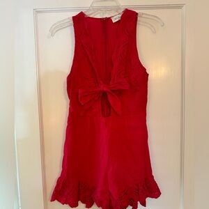 Aura red eyelet detail with self tie at bust, 100% cotton romper, gameday